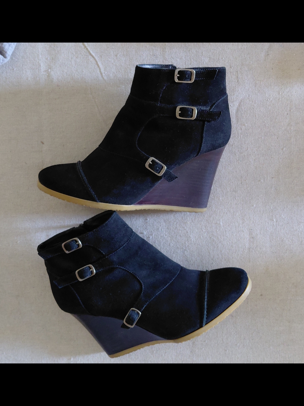 J. Crew Black Suede Triple-Buckle Wedge Ankle Boots